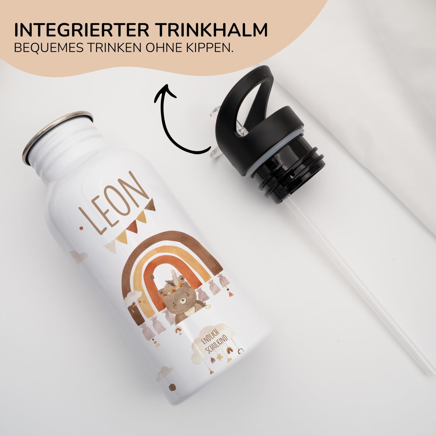 Kidsmood - Personalized stainless steel water bottle for children, 500ml with built-in straw, Leak-proof, Dishwasher-safe, and Perfect for school & kindergarten.