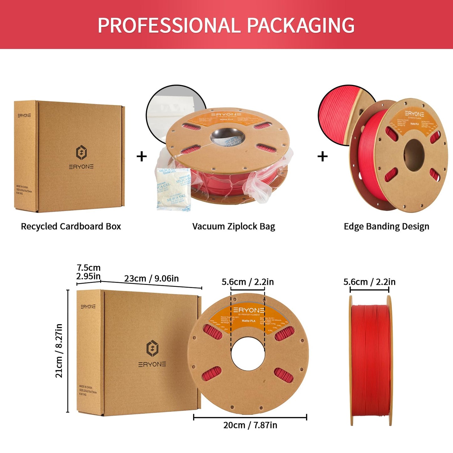 ERYONE Matte PLA 3D Printer Filament 1.75mm, Precision +/- 0.03mm, 1kg 1 Spool, Matte Red