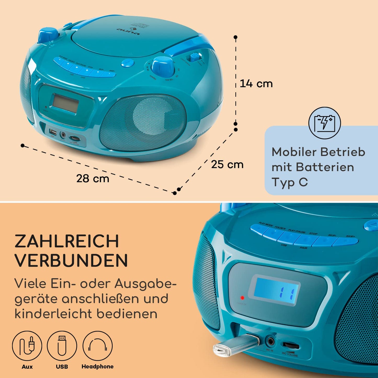 Auna portable radio for kids with CD player, microphone, and USB, 3W boombox with Bluetooth function, AUX/FM radio portable with LED display, MP3, 5.0 streaming, CD-radio for girls and boys.
