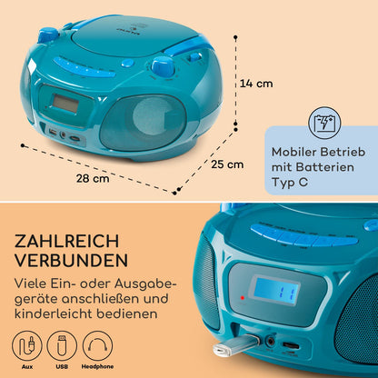 Auna portable radio for kids with CD player, microphone, and USB, 3W boombox with Bluetooth function, AUX/FM radio portable with LED display, MP3, 5.0 streaming, CD-radio for girls and boys.