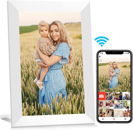 AEEZO 32GB 10.1 inch WiFi Digital Picture Frame, 1280x800 HD IPS Touchscreen, Supports SD card, Automatic rotation, Easy setup for sharing photos and videos.