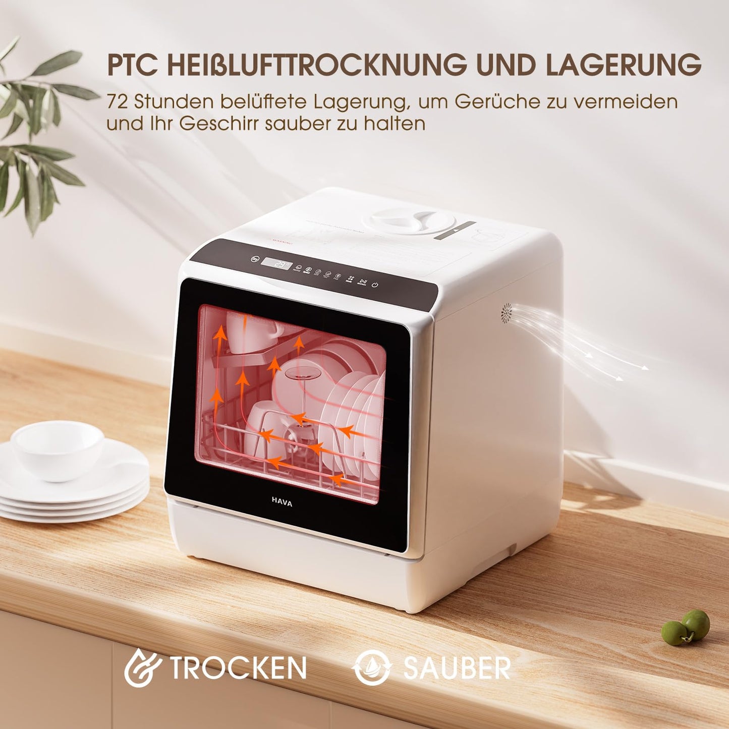 HAVA tabletop dishwasher, mini dishwasher with 6 programs and built-in 5-liter water tank, no connection required, baby care and air drying function for apartments and campers.