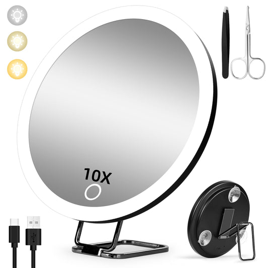 10x magnification mirror with light, 15cm in size, available in 3 colors, dimmable, illuminated, 10x travel magnification mirror with suction cups and tabletop stand, makeup mirror with high magnification.