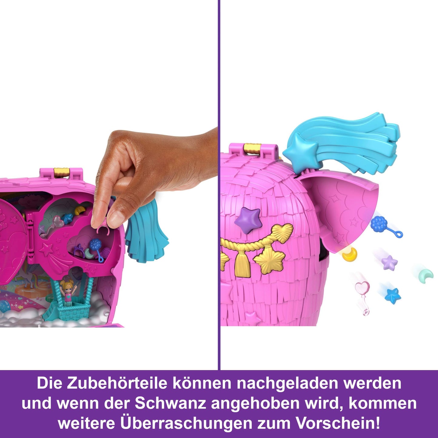 Polly Pocket dolls and playset with animals and over 25 surprise accessories, Unicorn Partyland playset for birthdays, hot air balloon ride, HYD96