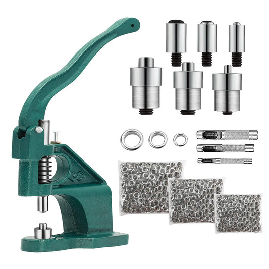 1500 eyelets eyelet press eyelet punch rivet press snap press hand press set with 3 dies 6/10/12 mm and 3 punches for eyelets rivets textiles leather curtains