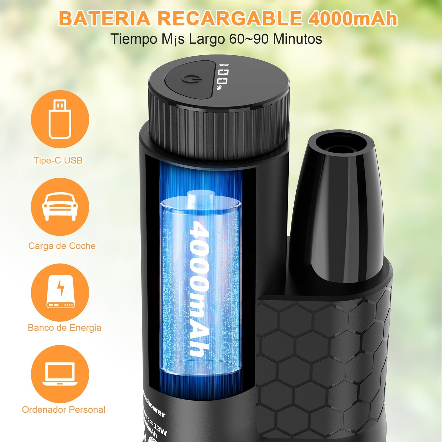Forever Speed portable camping shower with 4000mAh battery, pump, temperature display and electricity display. Outdoor camping shower set with 2M hose for garden, car washing, beach, travel.