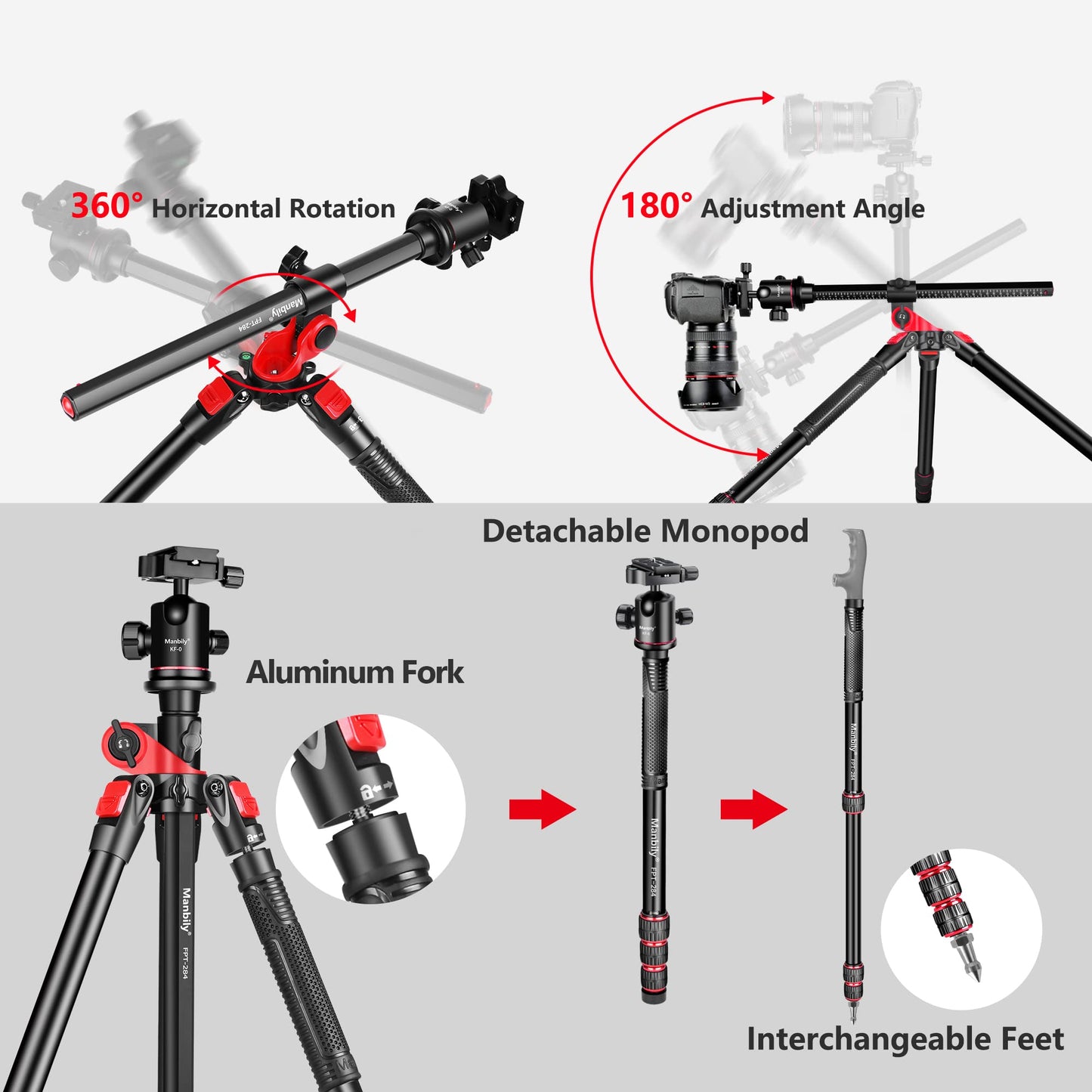 Camera tripod Manbily 178cm 70" horizontal overhead 360° aluminum tripod monopods rotating center column arm 180° travel tripod 36mm ball head & mounting platform for DSLR camera video camcorder