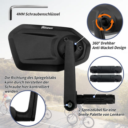Homieway bike mirror, New adjustable bike rearview mirror with controlled extension direction, Real glass 360° rotating bike handlebar mirror, Foldable bike mirror for e-bike handlebars on the right side.