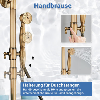 Rozin Antique Brass Shower System with 8 inch Rain Shower Head and Hand Shower Single Handle Wall Mounted Retro Shower Set.