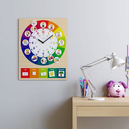 Cander Berlin MNU 11835 R Children's Wall Clock silent 40 x 30 cm noiseless Magnet Pictures Children's Room Daily Routine Wooden design Learning clock Children's room analog without ticking Girls Boys