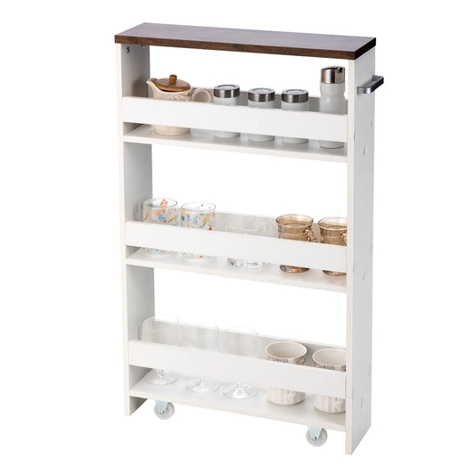 COSTWAY 4-tier rolling narrow kitchen trolley, bathroom shelf with side handle, made of wood, 48 x 13 x 81 cm (white + brown)