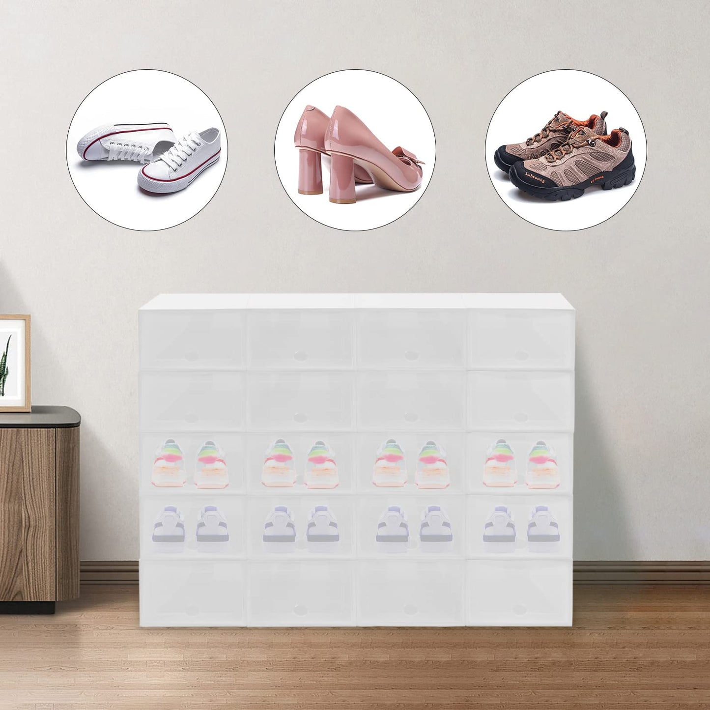 SABUIDDS Large Shoe Box 20-pack Clear Shoe Boxes Storage with Lid Plastic Shoe Organizer for Flat Shoes, High Heels, Sneakers, and Slippers, White