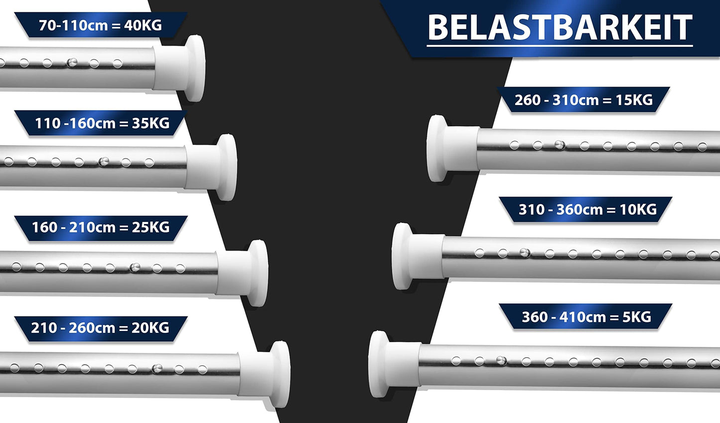 MEISENBERG Shower Curtain Rod without drilling 160-210cm, Silver, Ø 32 mm, Telescopic Curtain Rod Clamps - Curtain Rod for showers, doorways, and wardrobes.