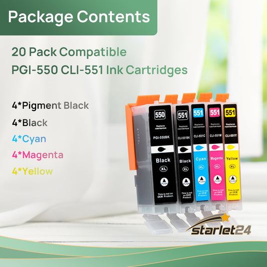 20x printer cartridges replacement compatible for Canon PGI-550 CLI-551 for PIXMA iP-7200 iP-7250 MX-925 iP-8750 iX-6850 MG-5450 MG-5550 MG-5650 MG-5655 MG-6350 MG-6450 MG-6650 MG-7100 MG-7150 MG-7550 MX-725