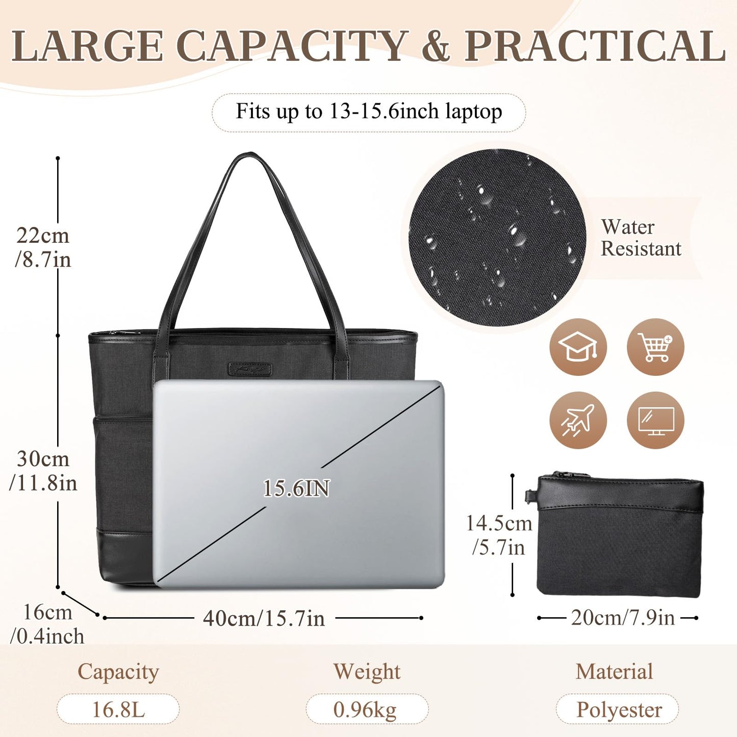 Kasgo women's handbag, large 16.8L shopper tote bag with 15.6-inch laptop compartment, water-resistant laptop bag, shoulder bag, work bag for work, travel, teachers with luggage sleeve, black.