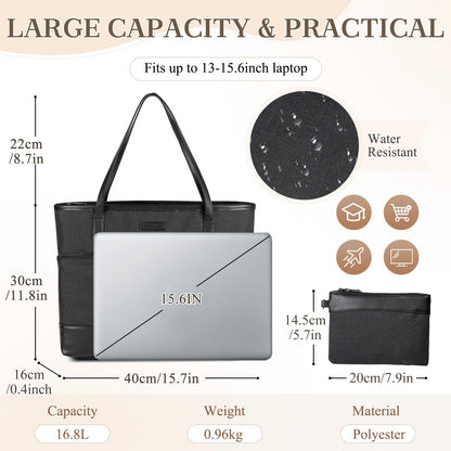 Kasgo women's handbag, large 16.8L shopper tote bag with 15.6-inch laptop compartment, water-resistant laptop bag, shoulder bag, work bag for work, travel, teachers with luggage sleeve, black.