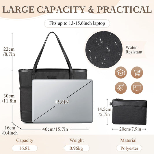 Kasgo women's handbag, large 16.8L shopper tote bag with 15.6-inch laptop compartment, water-resistant laptop bag, shoulder bag, work bag for work, travel, teachers with luggage sleeve, black.