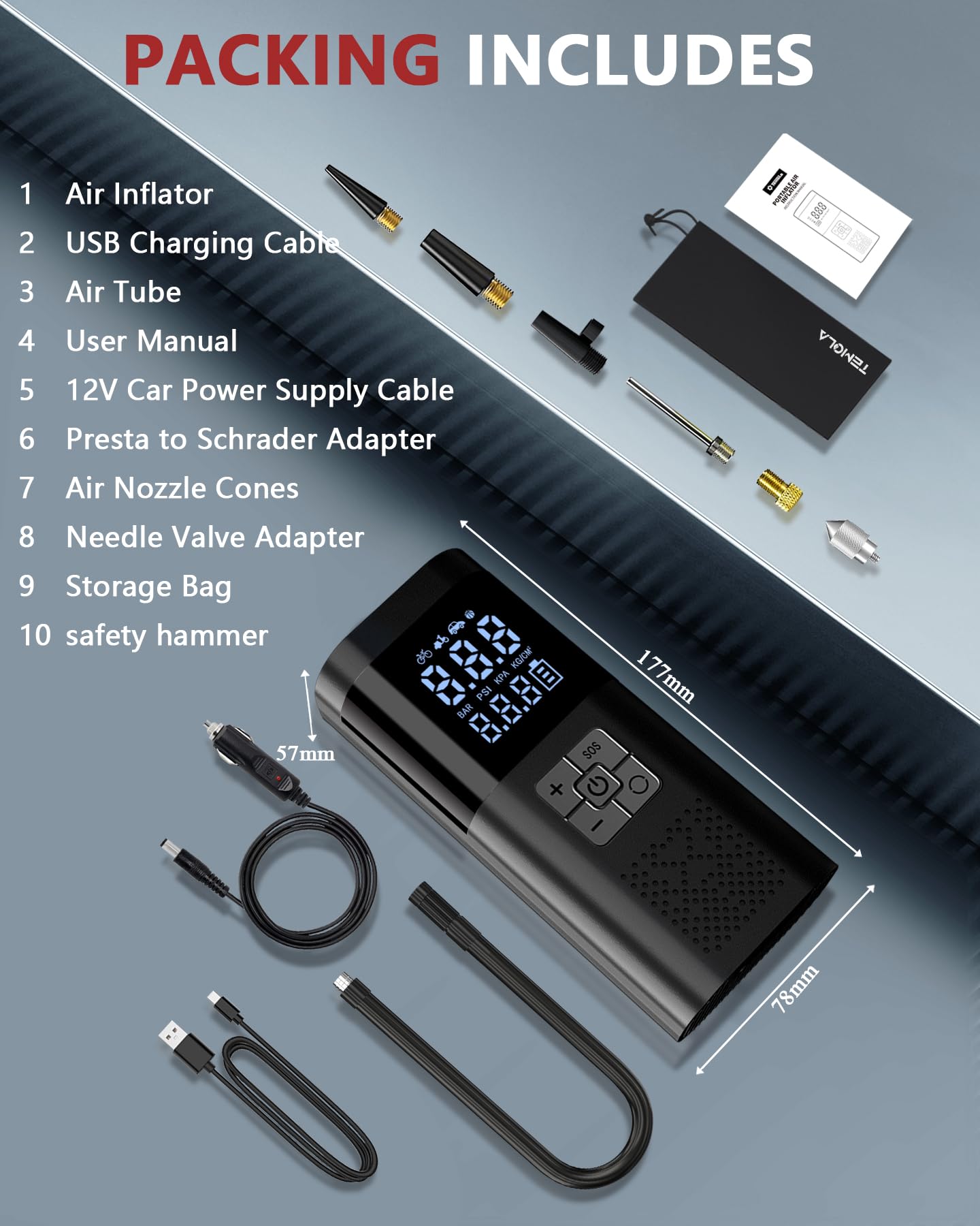 TEMOLA TN10 Electric air pump, Portable battery compressor with pressure gauge 150PSI, Electric air pump DC12V, Bike pump electric with auto-stop for cars, bikes, motorcycles, & balls.