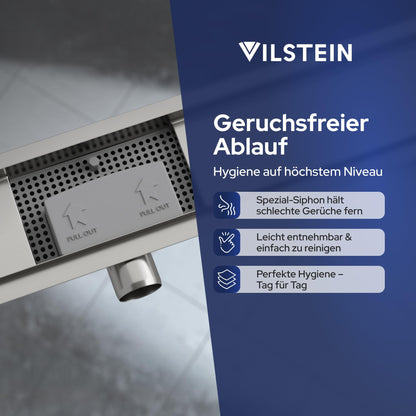 VILSTEIN Shower Drain 70cm, Stainless Steel Floor Drain Complete Set, extra flat, siphon with odor trap, hair sieve - Circles