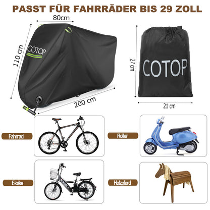 COTOP Bike Cover Waterproof 210T Nylon, High Quality Bicycle Tarp Weatherproof 200 x 80 x 110 cm, Bike Cover With Anti Theft Hole, Carrying Bag, Cover Scooter, e-bikes