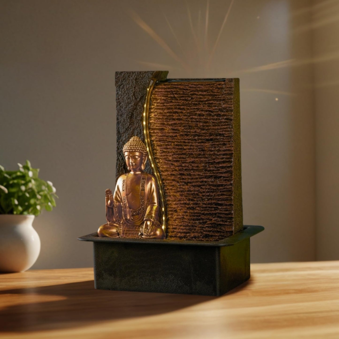 Zen'Light - Buddha Jati room fountain with removable yellow LED strip - Zen decor ideal for meditation and relaxation - Quiet water pump - Lucky fountain with closed circuit - H 40cm