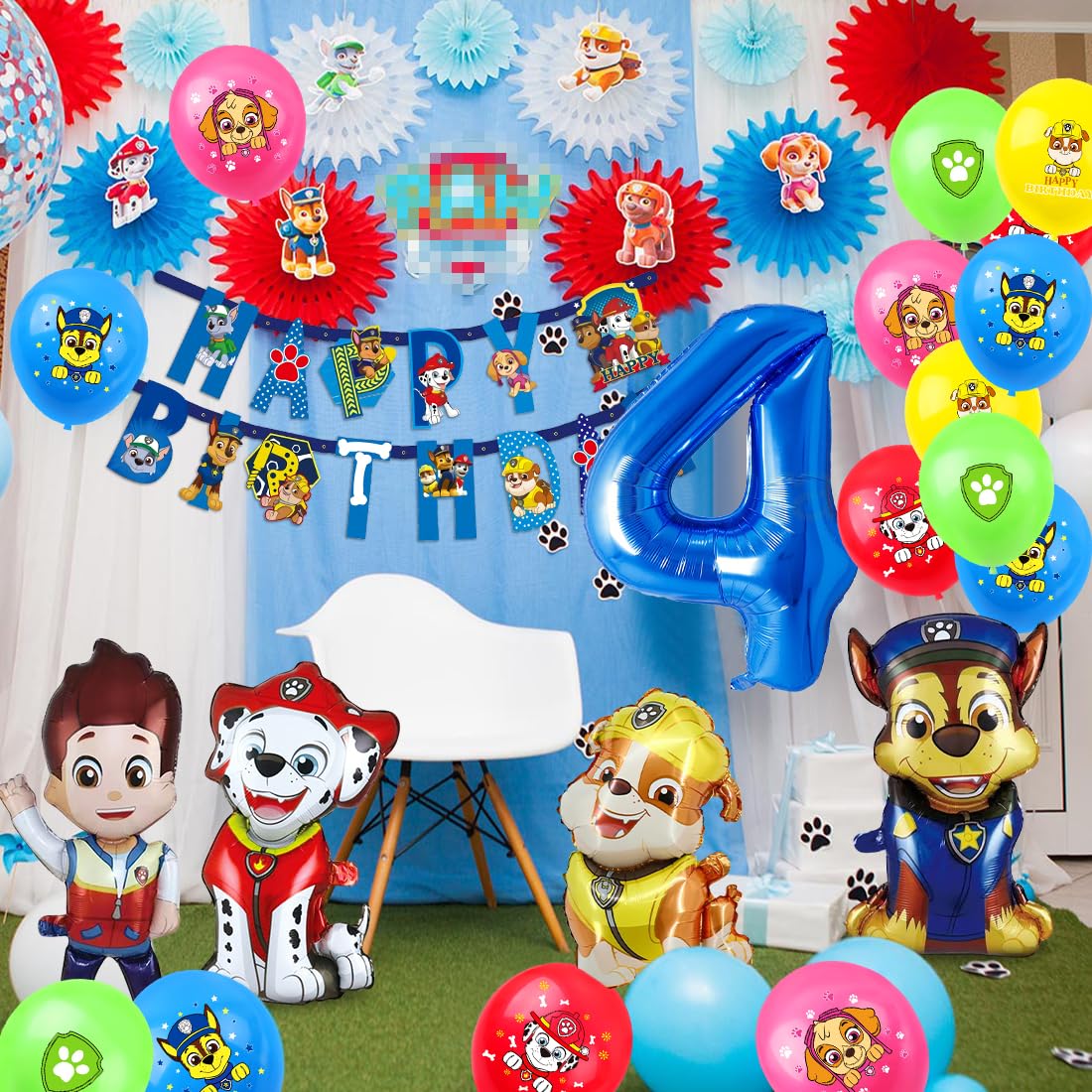 Patrol birthday decor for 4 years, Paw balloon for kids birthday party boys girls, Cartoon Dog Balloon Set, Dog Patrol Blue Balloon for 4th birthday, Cake topper for 4th birthday kids party decorations.