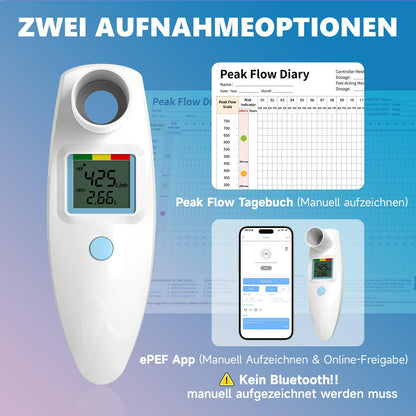Peak Flow Meter, no Bluetooth, for adults and children to monitor lung function, LCD, digital spirometer for asthma, COPD, PEF & FEV1, risk indicator, diary form.