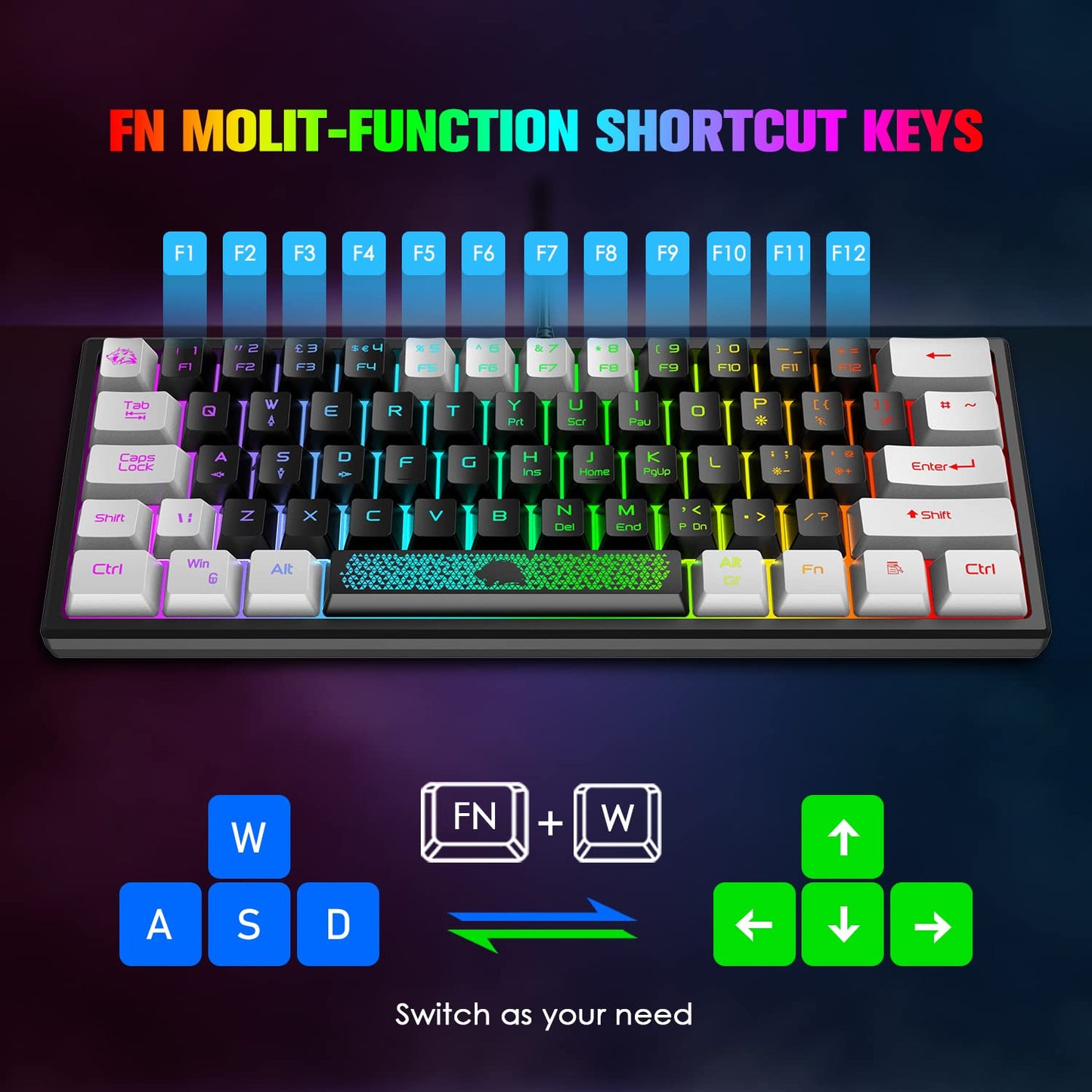 Mini 60% gaming keyboard, membrane game keyboard with semi-mechanical keys, optical RGB chroma backlit compact 62 keys double color keycap, QWERTY layout for PC laptop Mac computer - Black & White.