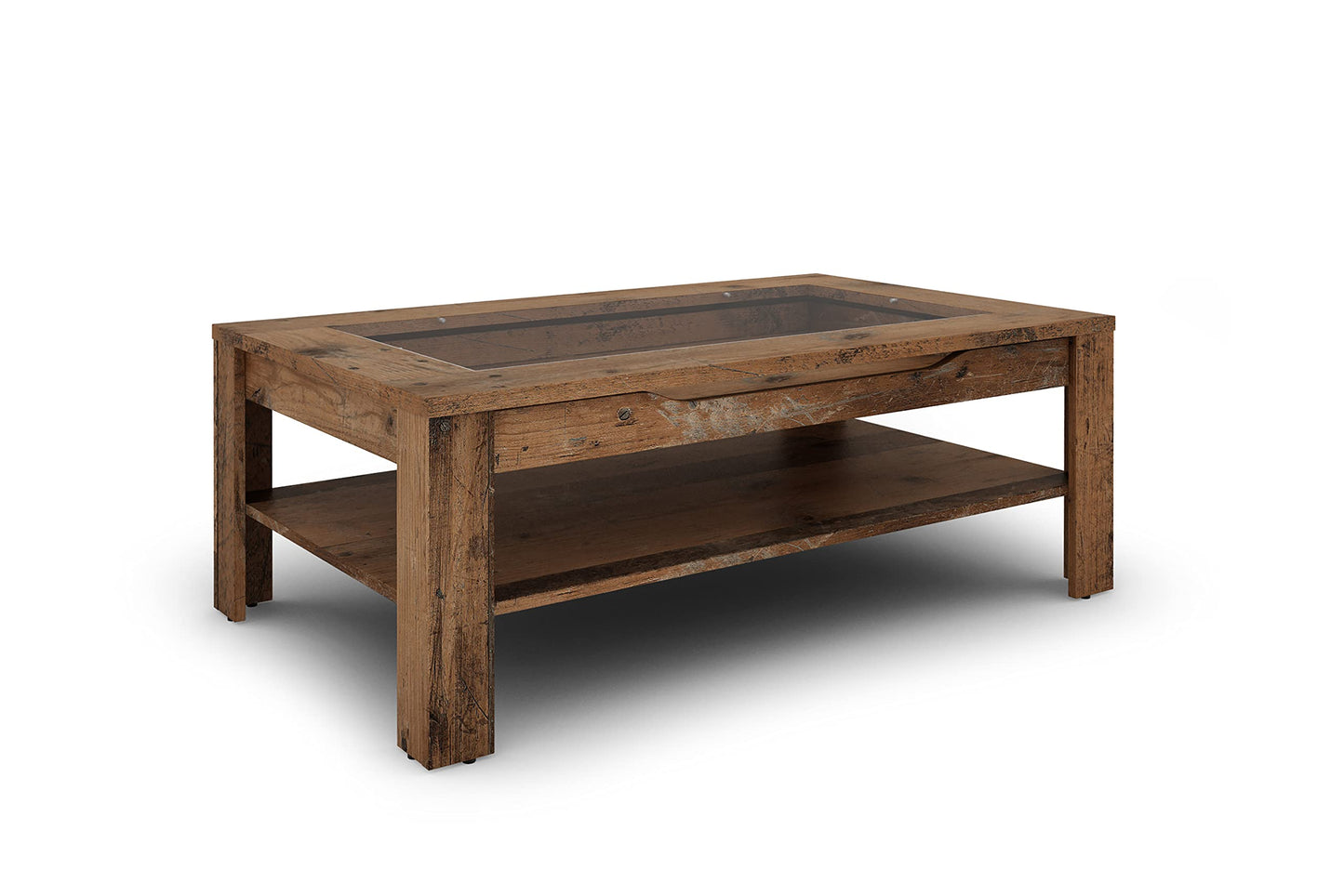 byLIVING Coffee Table Ralph/modern Coffee Table with glass insert and spacious drawer in Old Wood-look/Side Table with plenty of storage space/W 110, H 43, D 67 cm