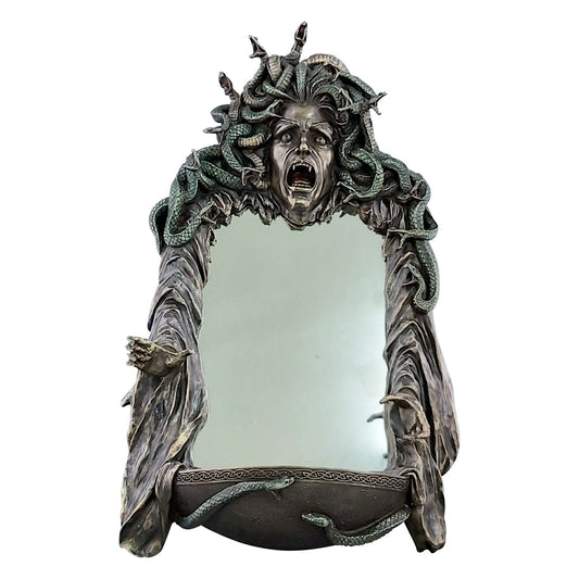 Medusa head with snakes gothic wall mirror decor statue sculpture bronze finish.