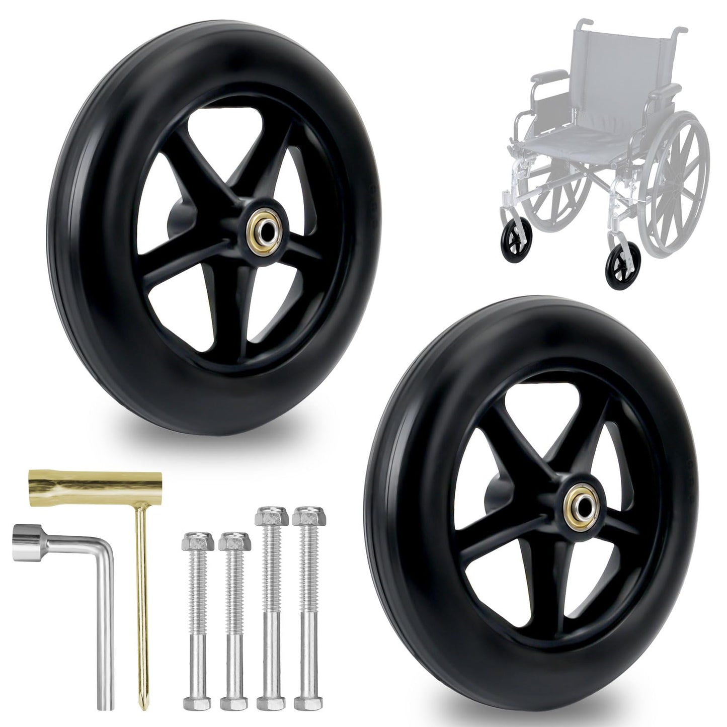 200mm Solid Replacement Wheels-2 pieces Replacement Wheel Walker Front Wheels, Non-Slip & Shock Absorption, Replacement Wheel for Wheelchairs-8mm Bearing Inner Diameter For Wheelchairs, Walkers, Crutches, Wheel Replacement