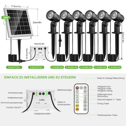 Left outdoor solar spotlights 6 pack with remote control, IP66 waterproof, dimmable with timing function and memory storage. Comes with ground spike for garden bushes and trees.