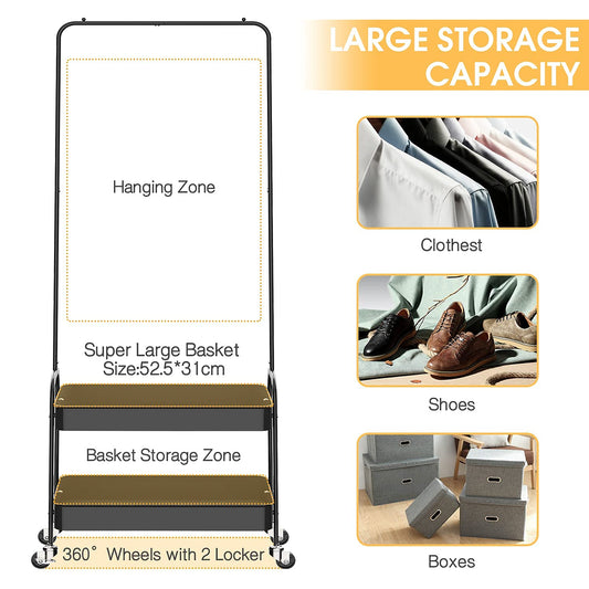 Kingrack clothes rail, metal coat rack, clothes rail with wheels, bedroom clothes stand, freestanding shelf cart with 2-tier storage shelf, heavy duty trolley multipurpose cart in black.
