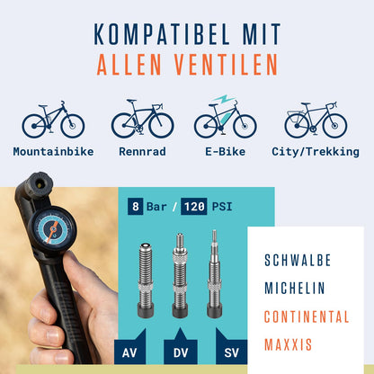 Alphatrail Minipump Steve - Suitable for all valves 8.3 Bar / 120 PSI max pressure I Large round gauge (Ø32mm) I Ergonomic T-handle I Pump for French, Schrader & Dunlop valves