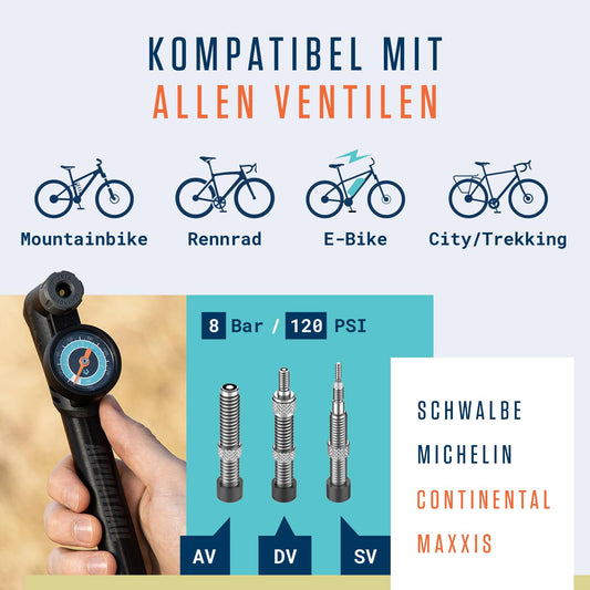 Alphatrail Minipump Steve - Suitable for all valves 8.3 Bar / 120 PSI max pressure I Large round gauge (Ø32mm) I Ergonomic T-handle I Pump for French, Schrader & Dunlop valves