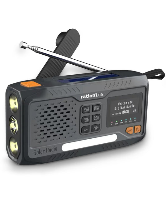 Ration1 crank radio DAB+, portable solar radio with LED flashlight, 2000mAh power bank, hand crank, SOS function, Bluetooth, USB-C, for camping and emergency situations.