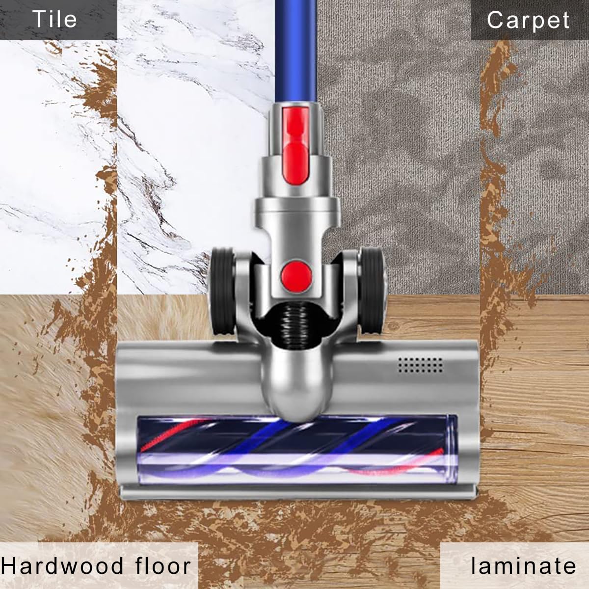 Brush compatible with Dyson V7, V8, V10, V11, V15 vacuum cleaners. Electric brush with direct drive and 4 front lights for hard floors and low-pile carpets.