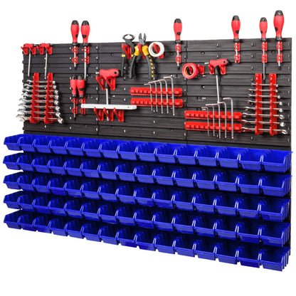PAFEN storage system wall shelf XXL 1158 x 780 mm - Extra strong tool wall with stacking boxes - 111 pieces - Red tool holders + Blue boxes