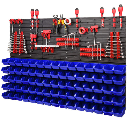 PAFEN storage system wall shelf XXL 1158 x 780 mm - Extra strong tool wall with stacking boxes - 111 pieces - Red tool holders + Blue boxes