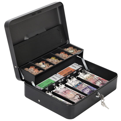 HAITRAL lockable money box, banknotes and coin storage, metal cash box, portable large money box with 2 keys - W 30 x D 24 x H 9 cm, Black