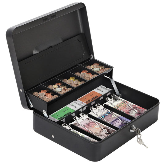 HAITRAL lockable money box, banknotes and coin storage, metal cash box, portable large money box with 2 keys - W 30 x D 24 x H 9 cm, Black