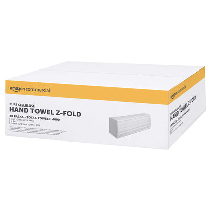 AmazonCommercial Multifold (Z-Fold) Paper Towels, 2-ply Pure Cellulose, 4000 Sheets (200 Sheets, 20-Pack), Sheet Size: 9.5 x 8 inches, Compatible with H2 Dispenser.