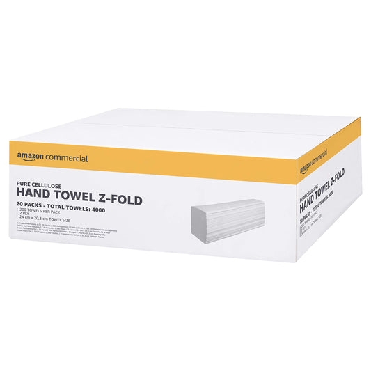 AmazonCommercial Multifold (Z-Fold) Paper Towels, 2-ply Pure Cellulose, 4000 Sheets (200 Sheets, 20-Pack), Sheet Size: 9.5 x 8 inches, Compatible with H2 Dispenser.
