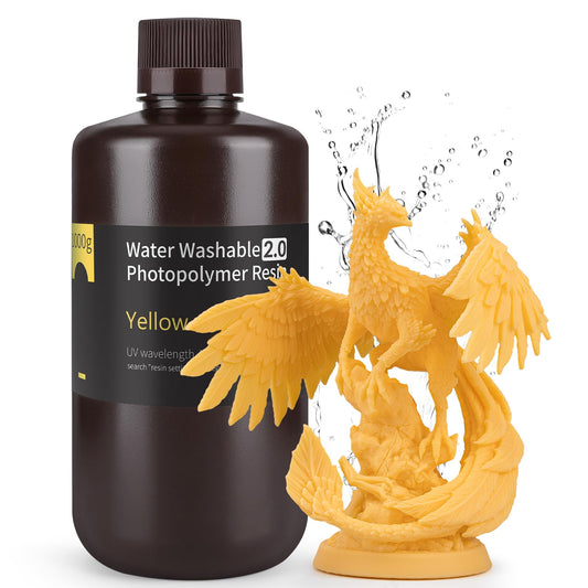 ELEGOO Upgraded 405nm Water Washable Resin 2.0, Water Washable 3D Printer Rapid Resin with Less Shrinkage and Higher Precision for LCD/DLP/SLA 3D Printers Yellow 1000g