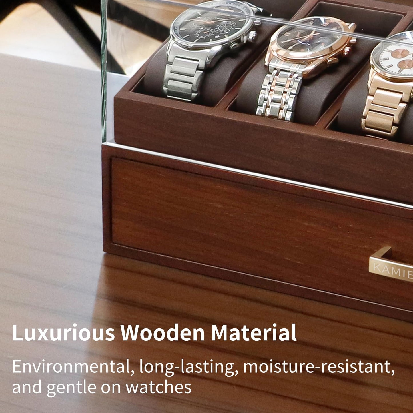 KAMIER Watch Box for Men, Luxurious Watch Case with 6 Compartments, 100% Real Wood Watch Organizer with Drawer, Jewelry Box for Men with Storage Box, Father's Day Gift, with Gift Box