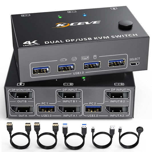 DP KVM Switch supports 2 computers and 2 monitors, allowing them to share keyboard, mouse, and monitor with USB 3.0 and DisplayPort connections. Supports 4K@60Hz resolution.