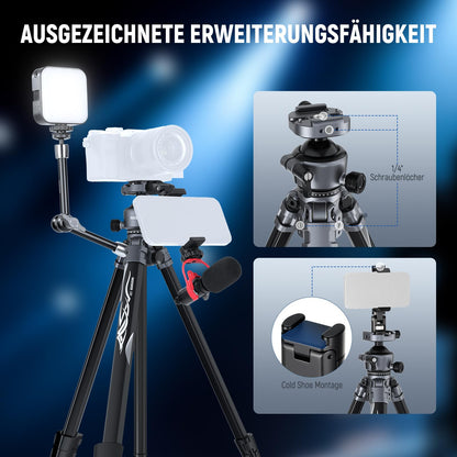 NEEWER LITETRIP LT07 61" Aluminum Travel Tripod, Camera Tripod with Pan Tilt Low Profile Ball Head Arca QR Plate compatible with Peak Design Tripod Plate V3, 2 in 1 Phone Clip Handle Max Load 22lb
