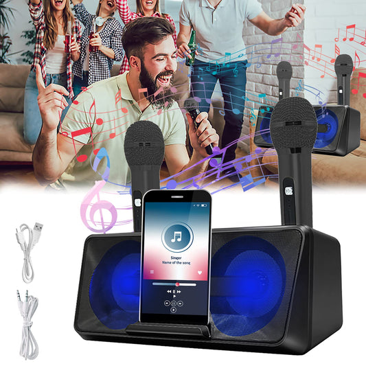 Karaoke Microphone, Portable Karaoke Machine with Bluetooth, 2 Wireless Microphones, Phone Holder, LED Light Effects, Rechargeable for Adults Kids, Supports USB TF AUX.