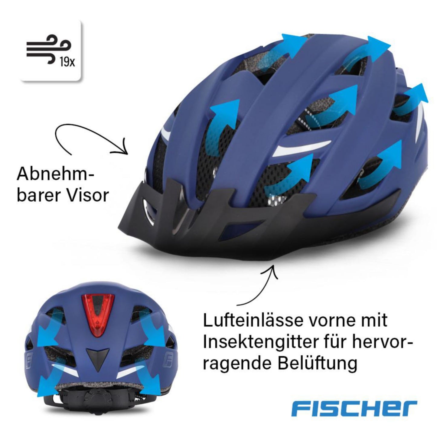 FISCHER Adult Bike Helmet, City Helmet Urban Plus Boston, L/XL, 58-61cm, blue, with integrated LED rear light, dark blue.