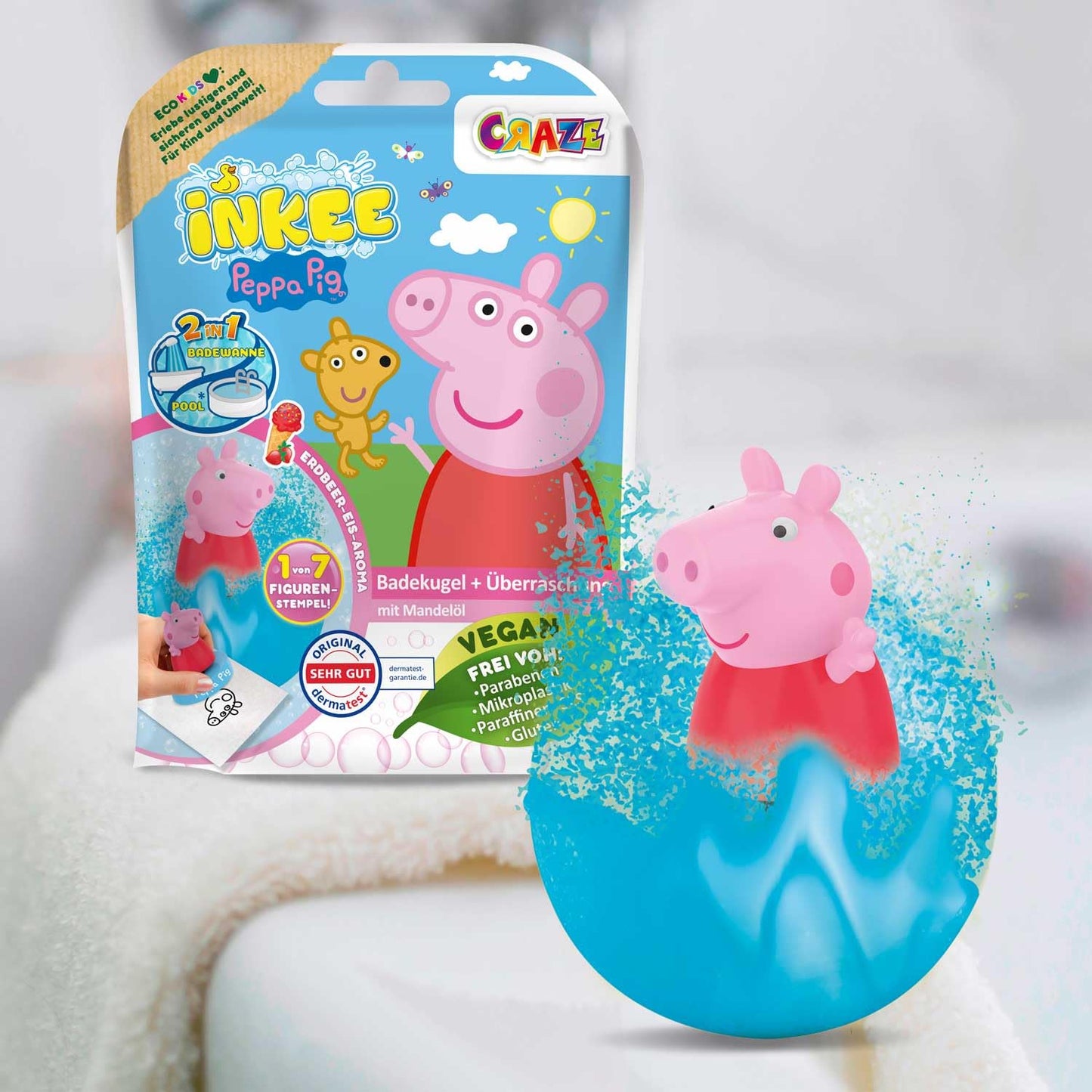 INKEE SURPRISE - 8-piece set of Peppa Pig bath bombs for kids with surprise toys, Peppa Pig bath toy with strawberry scent & foam effect.